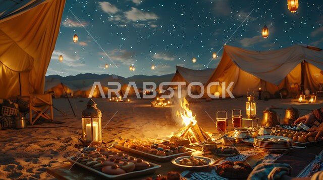 مفهوم حسن الضياف وتقديم الحلويات والاستقبال عند العرب, الفوانيس المعدنية المضيئة, التدفئة من خلال شعلة النار, جلسة بر عربية شعبية, أجواء تخييم شبابية ليلية أمام شعلة الحطب, مخيمات سياحية في صحاري السعودية