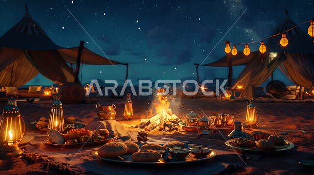 مفهوم حسن الضياف وتقديم الحلويات والاستقبال عند العرب, الفوانيس المعدنية المضيئة, التدفئة من خلال شعلة النار, جلسة بر عربية شعبية, أجواء تخييم شبابية ليلية أمام شعلة الحطب, مخيمات سياحية في صحاري السعودية