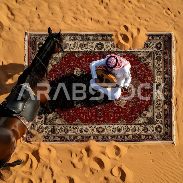 منظر الرمال الذهبية الناعمة وقت النهار، صورة من الاعلى لرجل عربي خليجي سعودي يرتدي الثوب التقليدي والشماغ يجلس على بساط شعبي يستمتع بالعزف على آلة العود في الصحراء، الآلات الوترية الكلاسيكية، جلسة وناسة وطرب، حصان عربي اصيل بني اللون في صحاري المملكة العربية السعودية