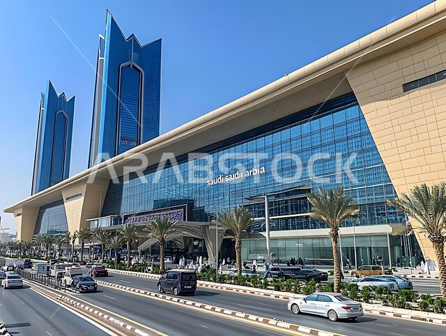 النمو و التقدم العمراني, الفن الهندسي المعماري على الطراز الحديث للأبراج وناطحات السحاب في المملكة العربية السعودية, برج حديث بواجهات زجاجية ضخمة, المنشآت التجارية الفاخرة في وقت النهار, الاهتمام في زراعه النباتات الخضراء, حركة مرور السيارات في الرياض نهارا