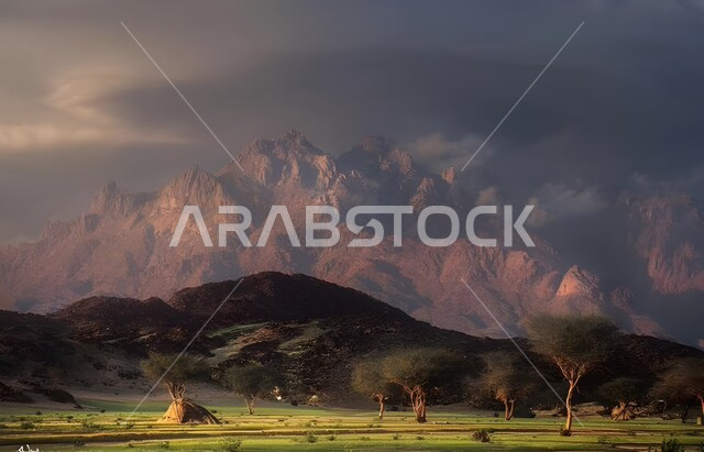 الآثار التاريخية القديمة المتشكلة على المنحدرات الجبلية، الاشجار والنباتات الخضراء في المناطق الصخرية، سلسلة الجبال والتكوينات والتشكلات الصخور الحجرية, اماكن سياحية في المملكة العربية السعودية، منظر السماء الممتلئة بالغيوم البيضاء