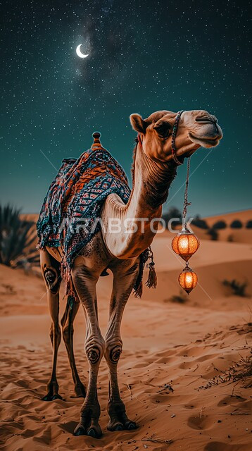 حيوان الجمل الاليف في اجواء عيد الاضحى المبارك, تربية المواشي والحيوانات في المحميات الطبيعيه في المملكة العربية السعودية, تربية الناقة العربية في الصحراء،  خلفية الطبيعة مع الفوانيس المضيئة