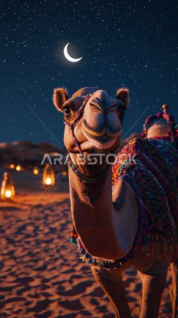 حيوان الجمل الاليف في اجواء عيد الاضحى المبارك, تربية المواشي والحيوانات في المحميات الطبيعيه في المملكة العربية السعودية, تربية الناقة العربية في الصحراء،  خلفية الطبيعة مع الفوانيس المضيئة