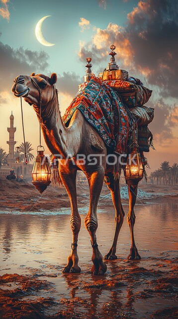 Pet camel in the atmosphere of Eid al-Adha, raising livestock and animals in nature reserves in the Kingdom of Saudi Arabia, raising the Arabian camel in the desert, nature background with illuminated lanterns