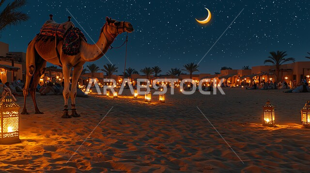 Pet camel in the atmosphere of Eid al-Adha, raising livestock and animals in nature reserves in the Kingdom of Saudi Arabia, raising the Arabian camel in the desert, nature background with illuminated lanterns
