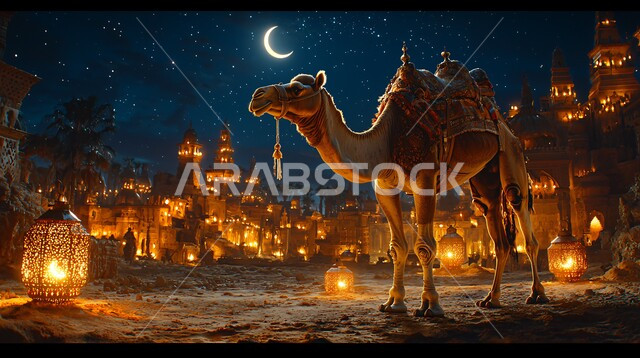 حيوان الجمل الاليف في اجواء عيد الاضحى المبارك, تربية المواشي والحيوانات في المحميات الطبيعيه في المملكة العربية السعودية, تربية الناقة العربية في الصحراء،  خلفية الطبيعة مع الفوانيس المضيئة