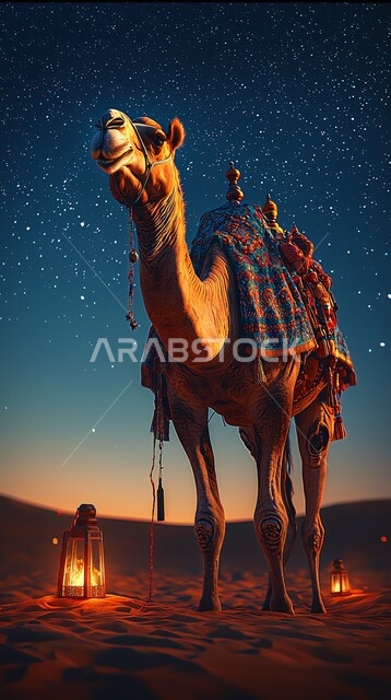 حيوان الجمل الاليف في اجواء عيد الاضحى المبارك, تربية المواشي والحيوانات في المحميات الطبيعيه في المملكة العربية السعودية, تربية الناقة العربية في الصحراء،  خلفية الطبيعة مع الفوانيس المضيئة