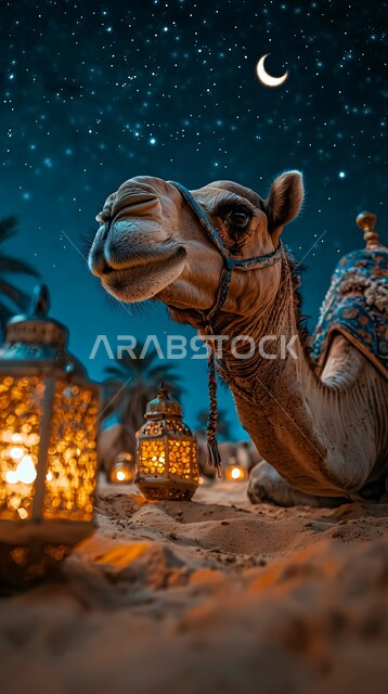 حيوان الجمل الاليف في اجواء عيد الاضحى المبارك, تربية المواشي والحيوانات في المحميات الطبيعيه في المملكة العربية السعودية, تربية الناقة العربية في الصحراء،  خلفية الطبيعة مع الفوانيس المضيئة