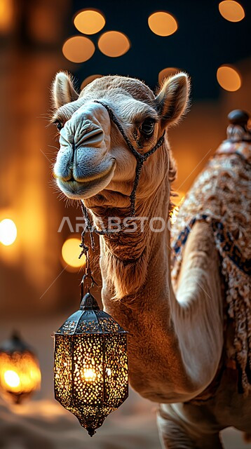 حيوان الجمل الاليف في اجواء عيد الاضحى المبارك, تربية المواشي والحيوانات في المحميات الطبيعيه في المملكة العربية السعودية, تربية الناقة العربية في الصحراء،  خلفية الطبيعة مع الفوانيس المضيئة