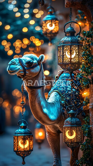 حيوان الجمل الاليف في اجواء عيد الاضحى المبارك, تربية المواشي والحيوانات في المحميات الطبيعيه في المملكة العربية السعودية, تربية الناقة العربية في الصحراء،  خلفية الطبيعة مع الفوانيس المضيئة