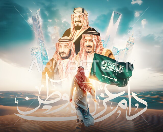 يوم بدينا ١٧٢٧م, الاحتفال بالأعياد والمناسبات الوطنية، اليوم الوطني السعودي٢٣ سبتمبر، لوحة فنية للملك عبد العزيز والملك سلمان وولي العهد الأمير محمد بن سلمان، مخطوطة دام عزك ياوطن، يوم العلم11 مارس، صورة من الخلف لرجل عربي خليجي سعودي في الصحراء، ذكرى تأسيس الدولة السعودية الاولى٢٢فبراير 