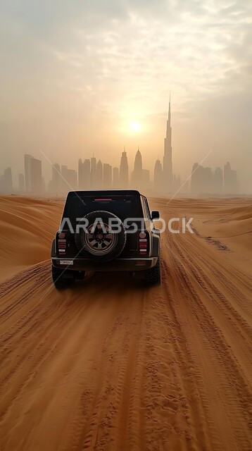 أنشطة صحراوية ممتعة، الاستمتاع بممارسة الهوايات المفضلة(التعيس), مغامرة شيقة على الرمال الذهبية الناعمة في صحاري الامارات العربية المتحدة, مغامرات سفاري على الكثبان الرملية، صورة من الخلف لسيارة سوداء وسط الصحراء