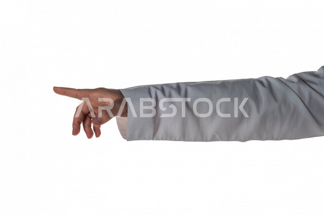 Portrait of a Saudi Gulf man making different hand gestures, pointing the index finger in a direction, clicking and pressing, finger movement and gestures, white background