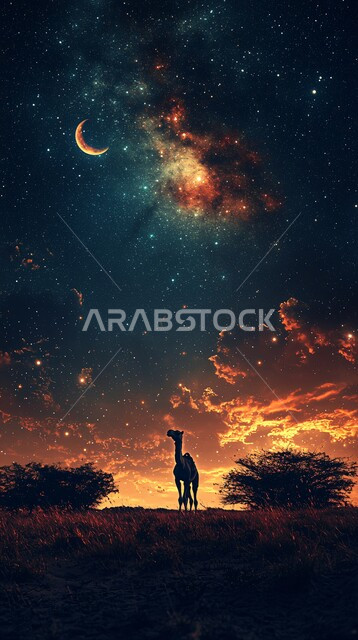 Purebred Arabian camel walking in the middle of the desert, camel and dromedary breeding in the nature reserves in the Kingdom of Saudi Arabia, hills and sand dunes, soft golden sand, care and maintenance of livestock and mammals in the desert