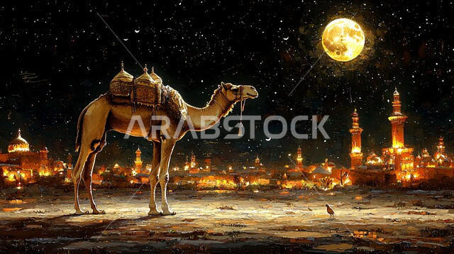 منظر البدر المضيء في السماء، تربية المواشي والحيوانات في المحميات الطبيعيه في المملكة العربية السعودية, تربية الناقة العربية في الصحراء، حيوان الجمل الاليف في اجواء عيد الاضحى المبارك, خلفية الطبيعة 