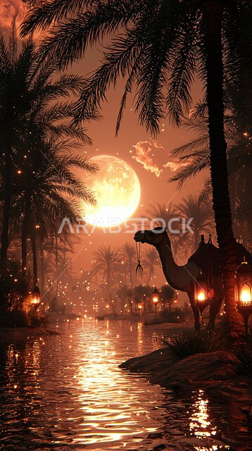 A view of the bright full moon in the sky, raising livestock and animals in the nature reserves in the Kingdom of Saudi Arabia, raising the Arabian camel in the desert, a pet camel in the atmosphere of Eid al-Adha, nature background