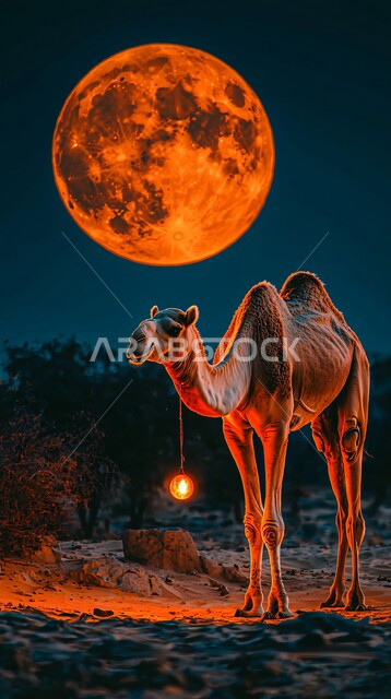 منظر البدر المضيء في السماء، تربية المواشي والحيوانات في المحميات الطبيعيه في المملكة العربية السعودية, تربية الناقة العربية في الصحراء، حيوان الجمل الاليف في اجواء عيد الاضحى المبارك, خلفية الطبيعة 