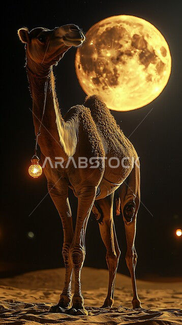 A view of the bright full moon in the sky, raising livestock and animals in the nature reserves in the Kingdom of Saudi Arabia, raising the Arabian camel in the desert, a pet camel in the atmosphere of Eid al-Adha, nature background