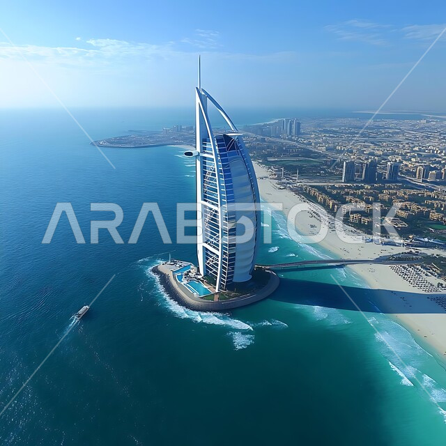 Distinctive landscapes and water features, luxury hotels and resorts in the UAE, the modern architecture of Burj Al Arab on the Arabian Gulf coast, and interest in landscaping and agriculture.