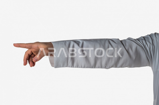 Portrait of a Saudi Gulf man making different hand gestures, pointing the index finger in a direction, clicking and pressing, finger movement and gestures, white background