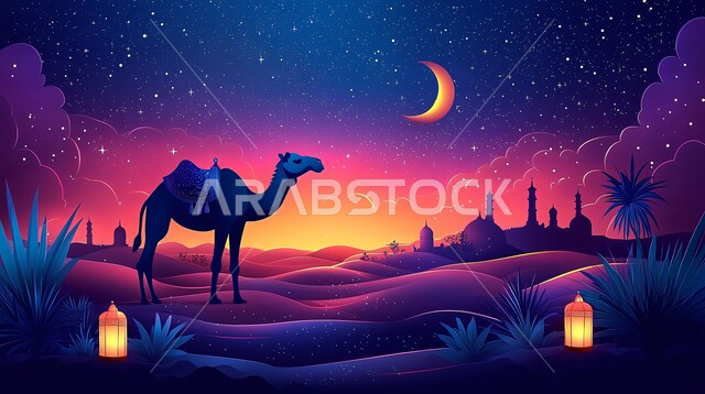 Caring for the Arabian camel in the desert, the view of the bright crescent moon in the sky, raising livestock and animals in the nature reserves in the Kingdom of Saudi Arabia, the pet camel in the atmosphere of Eid al-Adha, the background of nature with bright lanterns