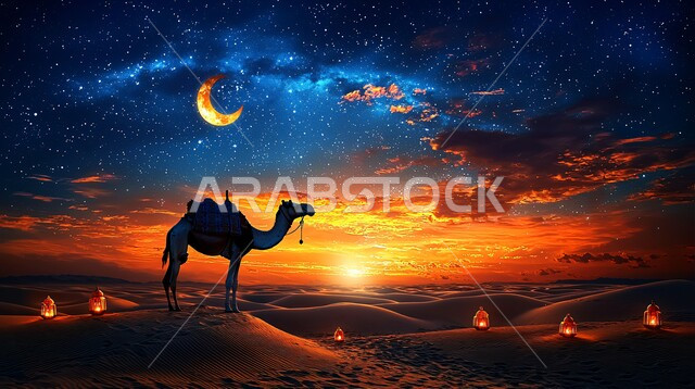 الاهتمام بالناقة العربية في الصحراء، منظر الهلال المضيء في السماء، تربية المواشي والحيوانات في المحميات الطبيعيه في المملكة العربية السعودية, حيوان الجمل الاليف في اجواء عيد الاضحى المبارك, خلفية الطبيعة مع الفوانيس المضيئة