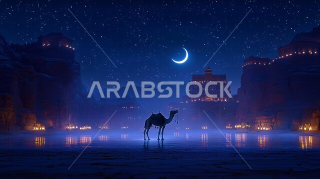 الاهتمام بالناقة العربية في الصحراء، منظر الهلال المضيء في السماء، تربية المواشي والحيوانات في المحميات الطبيعيه في المملكة العربية السعودية, حيوان الجمل الاليف في اجواء عيد الاضحى المبارك, خلفية الطبيعة مع الفوانيس المضيئة