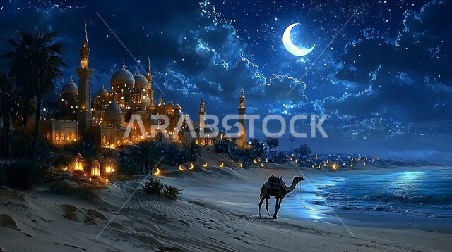 الاهتمام بالناقة العربية في الصحراء، منظر الهلال المضيء في السماء، تربية المواشي والحيوانات في المحميات الطبيعيه في المملكة العربية السعودية, حيوان الجمل الاليف في اجواء عيد الاضحى المبارك, خلفية الطبيعة مع الفوانيس المضيئة