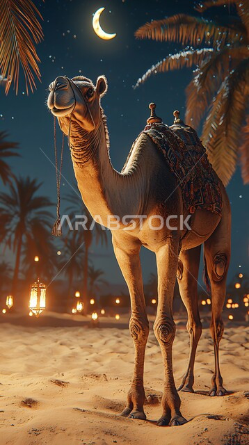 الاهتمام بالناقة العربية في الصحراء، منظر الهلال المضيء في السماء، تربية المواشي والحيوانات في المحميات الطبيعيه في المملكة العربية السعودية, حيوان الجمل الاليف في اجواء عيد الاضحى المبارك, خلفية الطبيعة مع الفوانيس المضيئة