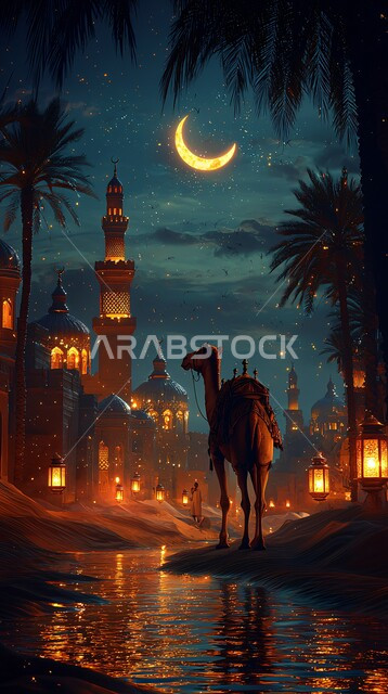 الاهتمام بالناقة العربية في الصحراء، منظر الهلال المضيء في السماء، تربية المواشي والحيوانات في المحميات الطبيعيه في المملكة العربية السعودية, حيوان الجمل الاليف في اجواء عيد الاضحى المبارك, خلفية الطبيعة مع الفوانيس المضيئة
