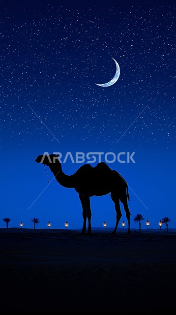 الاهتمام بالناقة العربية في الصحراء، منظر الهلال المضيء في السماء، تربية المواشي والحيوانات في المحميات الطبيعيه في المملكة العربية السعودية, حيوان الجمل الاليف في اجواء عيد الاضحى المبارك, خلفية الطبيعة مع الفوانيس المضيئة