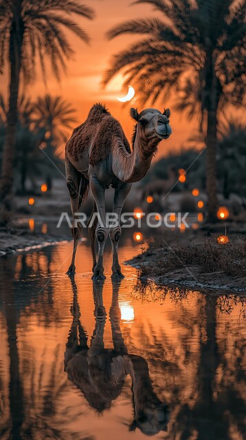 الاهتمام بالناقة العربية في الصحراء، منظر الهلال المضيء في السماء، تربية المواشي والحيوانات في المحميات الطبيعيه في المملكة العربية السعودية, حيوان الجمل الاليف في اجواء عيد الاضحى المبارك, خلفية الطبيعة مع الفوانيس المضيئة