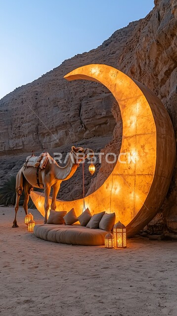 الاهتمام بالناقة العربية في الصحراء، منظر الهلال المضيء في السماء، تربية المواشي والحيوانات في المحميات الطبيعيه في المملكة العربية السعودية, حيوان الجمل الاليف في اجواء عيد الاضحى المبارك, خلفية الطبيعة مع الفوانيس المضيئة