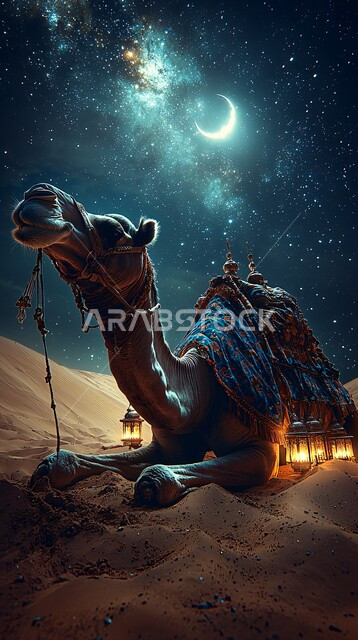 حيوان الجمل الاليف في اجواء عيد الاضحى المبارك, الاهتمام بالناقة العربية في الصحراء، منظر الهلال المضيء في السماء، تربية المواشي والحيوانات في المحميات الطبيعيه في المملكة العربية السعودية, خلفية الطبيعة مع الفوانيس المضيئة