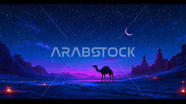 حيوان الجمل الاليف في اجواء عيد الاضحى المبارك, الاهتمام بالناقة العربية في الصحراء، منظر الهلال المضيء في السماء، تربية المواشي والحيوانات في المحميات الطبيعيه في المملكة العربية السعودية, خلفية الطبيعة مع الفوانيس المضيئة