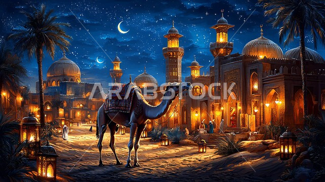حيوان الجمل الاليف في اجواء عيد الاضحى المبارك, الاهتمام بالناقة العربية في الصحراء، منظر الهلال المضيء في السماء، تربية المواشي والحيوانات في المحميات الطبيعيه في المملكة العربية السعودية, خلفية الطبيعة مع الفوانيس المضيئة