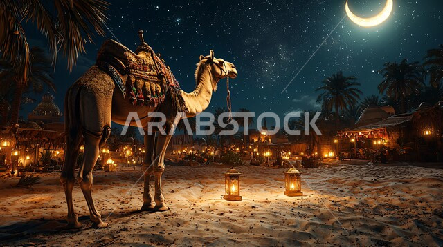 حيوان الجمل الاليف في اجواء عيد الاضحى المبارك, الاهتمام بالناقة العربية في الصحراء، منظر الهلال المضيء في السماء، تربية المواشي والحيوانات في المحميات الطبيعيه في المملكة العربية السعودية, خلفية الطبيعة مع الفوانيس المضيئة
