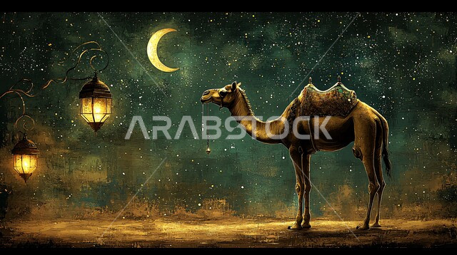 حيوان الجمل الاليف في اجواء عيد الاضحى المبارك, الاهتمام بالناقة العربية في الصحراء، منظر الهلال المضيء في السماء، تربية المواشي والحيوانات في المحميات الطبيعيه في المملكة العربية السعودية, خلفية الطبيعة مع الفوانيس المضيئة