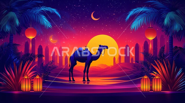 حيوان الجمل الاليف في اجواء عيد الاضحى المبارك, الاهتمام بالناقة العربية في الصحراء، منظر الهلال المضيء في السماء، تربية المواشي والحيوانات في المحميات الطبيعيه في المملكة العربية السعودية, خلفية الطبيعة مع الفوانيس المضيئة