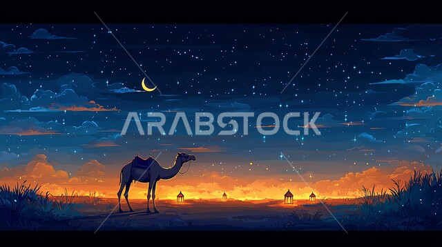 Pet camel in Eid al-Adha atmosphere, caring for Arabian camels in the desert, view of the bright crescent moon in the sky, raising livestock and animals in nature reserves in the Kingdom of Saudi Arabia, nature background with bright lanterns