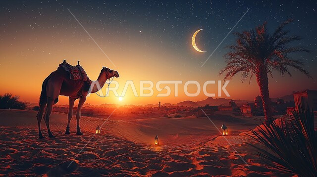 الرمال الذهبية الناعمة، حيوان الجمل الاليف في اجواء عيد الاضحى المبارك, الاهتمام بالناقة العربية في الصحراء، منظر الهلال المضيء في السماء، تربية المواشي والحيوانات في المحميات الطبيعيه في المملكة العربية السعودية, خلفية الطبيعة مع الفوانيس المضيئة