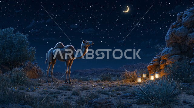 Soft golden sand, pet camel in Eid al-Adha atmosphere, caring for Arabian camels in the desert, view of the bright crescent moon in the sky, raising livestock and animals in nature reserves in the Kingdom of Saudi Arabia, nature background with bright lanterns