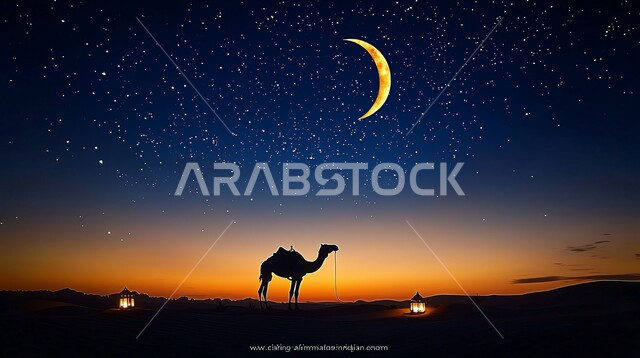 الرمال الذهبية الناعمة، حيوان الجمل الاليف في اجواء عيد الاضحى المبارك, الاهتمام بالناقة العربية في الصحراء، منظر الهلال المضيء في السماء، تربية المواشي والحيوانات في المحميات الطبيعيه في المملكة العربية السعودية, خلفية الطبيعة مع الفوانيس المضيئة
