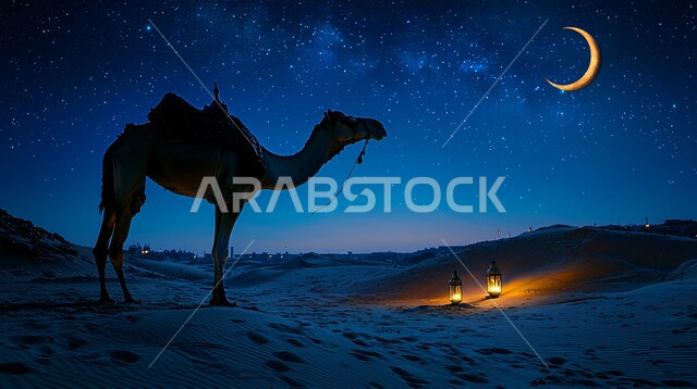 Soft golden sand, pet camel in Eid al-Adha atmosphere, caring for Arabian camels in the desert, view of the bright crescent moon in the sky, raising livestock and animals in nature reserves in the Kingdom of Saudi Arabia, nature background with bright lanterns