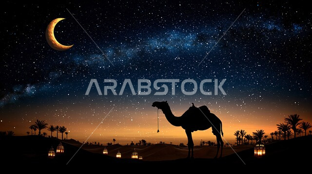 الرمال الذهبية الناعمة، حيوان الجمل الاليف في اجواء عيد الاضحى المبارك, الاهتمام بالناقة العربية في الصحراء، منظر الهلال المضيء في السماء، تربية المواشي والحيوانات في المحميات الطبيعيه في المملكة العربية السعودية, خلفية الطبيعة مع الفوانيس المضيئة