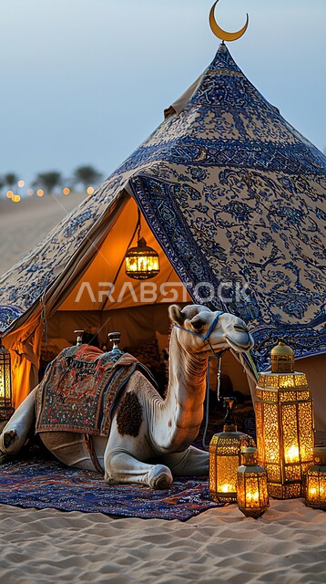 التخييم في البراري والمناطق الصحراوية، تربية الابل في المحميات الطبيعية، رعاية الثدييات والمواشي وحيوان الجمل في صحاري المملكة، الرمال الذهبية الناعمة، ناقة عربية أصيلة وسط  الصحراء، مفهوم الأصالة والعراقة، الأجواء الشتوية الهادئة، خلفية الطبيعة