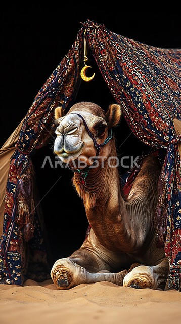 التخييم في البراري والمناطق الصحراوية، تربية الابل في المحميات الطبيعية، رعاية الثدييات والمواشي وحيوان الجمل في صحاري المملكة، الرمال الذهبية الناعمة، ناقة عربية أصيلة وسط  الصحراء، مفهوم الأصالة والعراقة، الأجواء الشتوية الهادئة، خلفية الطبيعة