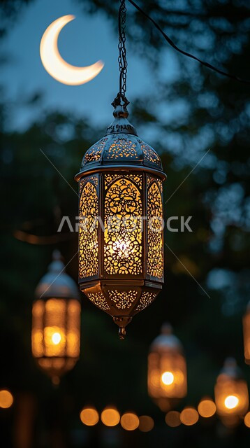 أجواء الاحتفال بالمناسبات والأعياد الدينية الاسلامية، ديكورات وزينة رمضان المبارك, الفوانيس المعدنية التقليدية المضاءة المعلقة في سماء المملكة العربية السعودية, منظر الهلال المضيء في السماء، البهجة بقدوم شهر الخير