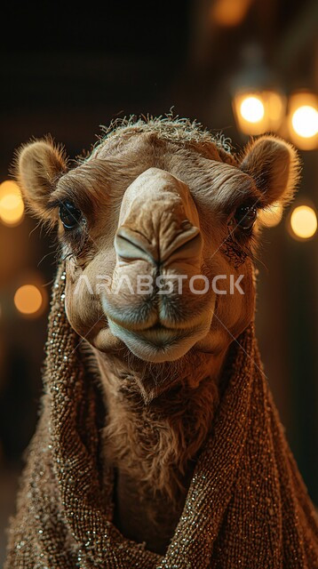 Soft golden sand, pet camel in Eid al-Adha atmosphere, caring for Arabian camels in the desert, raising livestock and animals in nature reserves in the Kingdom of Saudi Arabia, nature background