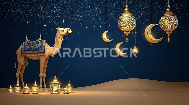 مجسم لحيوان الجمل الاليف في اجواء عيد الاضحى المبارك, الرمال الذهبية الناعمة، الاهتمام بالناقة العربية في الصحراء، منظر الهلال المضيء في السماء، تربية المواشي والحيوانات في المحميات الطبيعيه في المملكة العربية السعودية, خلفية الفوانيس المضيئة